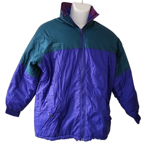 Columbia Vtg 90's Reversible Puffer Jacket  Teal & Purple attachable hood W LG - Picture 3 of 16